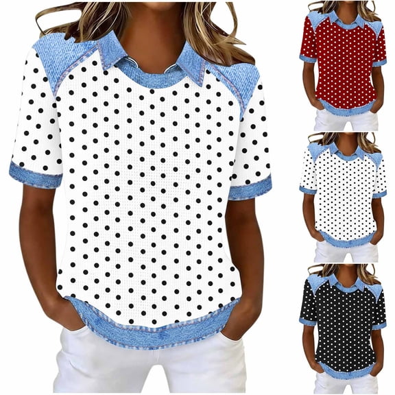 Fengqque T Shirts for Women Waffle Lapel Short Sleeve Printing Spring Summer Beach Tops Tees Loose Waist-cinching Women's Top White XL(XL)