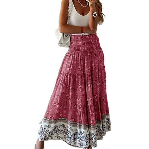 Avamo Ladies Long Skirts High Waist Maxi Skirt Floral Print Beach Casual Pleated Boho Red 3XL