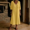thumbnail image 4 of SZJXBUY Linen Dress Women Casual Summer Dressy Baggy 3/4 Sleeve Midi Dress Elegant V Neck Beach Vacation Sundress with Pockets Yellow,XXL, 4 of 6