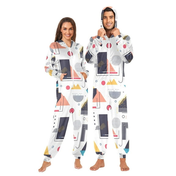FORMRS Onesies Pajama for Adults Unisex Hoodie Winter Jumpsuit One Piece Sleepwear, Sizes S-2XL, White Simple Shapes