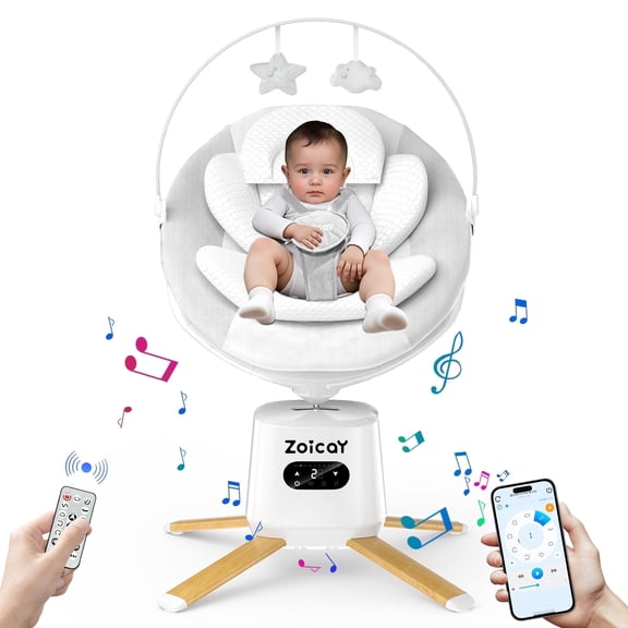 Zoicay Portable Baby Swing for Infants and Newborns, 3D Swing Modes & 8 Speeds, APP Remote Control, 360° Rotating Seat, 6 Lullabies & Bluetooth Music, White