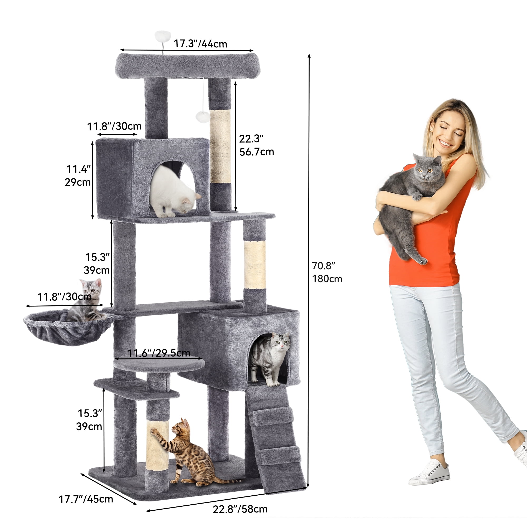Dextrus 70.8in Cat Tree Tower with Scratching Posts, Padded Plush Perch, Cozy Basket, and Ladder for Indoor Cats