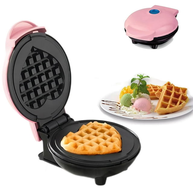 WJCA Compact 5" Heart Waffle Maker, Adjustable Browning Control & Non-Stick Cooking, Perfect for Stuffed Waffles, Pink Appliance.