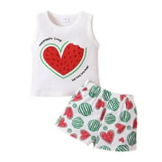 KIMI BEAR Little Girls Outfits 5T Little Girls Summer Outfits 6T Little Girls Casual Watermelon Print Sleeveless Top   Shorts 2PCs Set White
