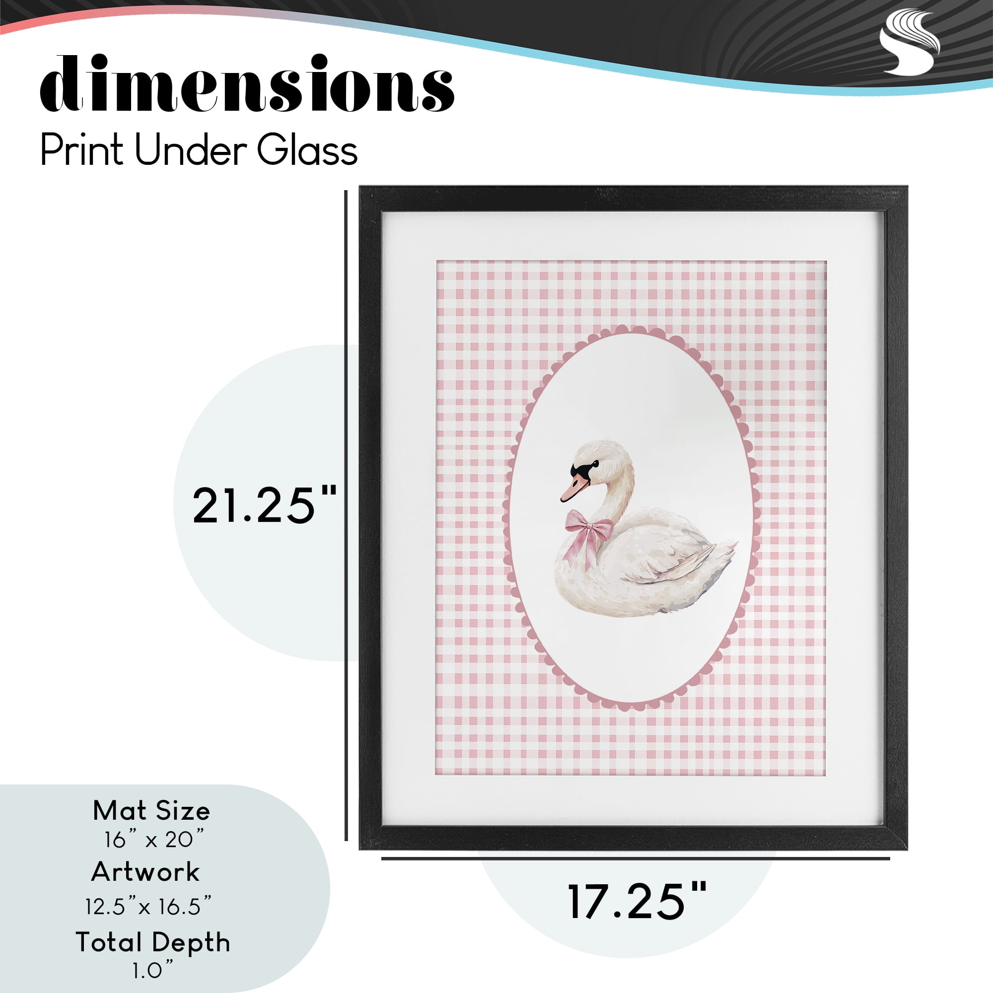 Gentle Swan on Pink Checkered Black Framed Print Under Glass, design by Christine Simpson Art