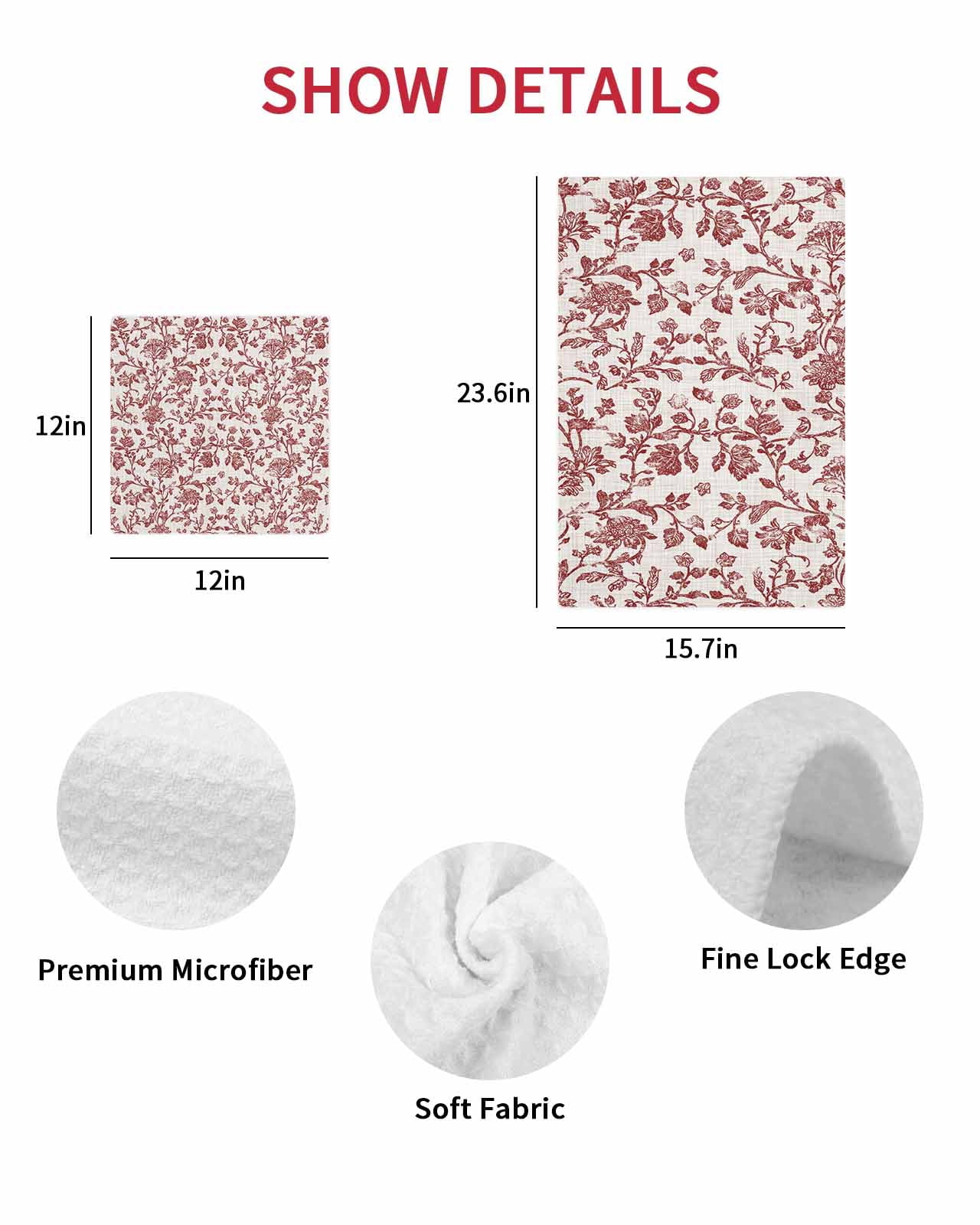 Farmhouse Red Hand Towels Set, Waffle Weave Kitchen Towels 2 Pieces, Vintage Flower Leaf Botanical Plant Microfiber Hair Face Bath Tea Towel Absorbent Quick Drying Cleaning Dish Cloths 15.7"x23.6"