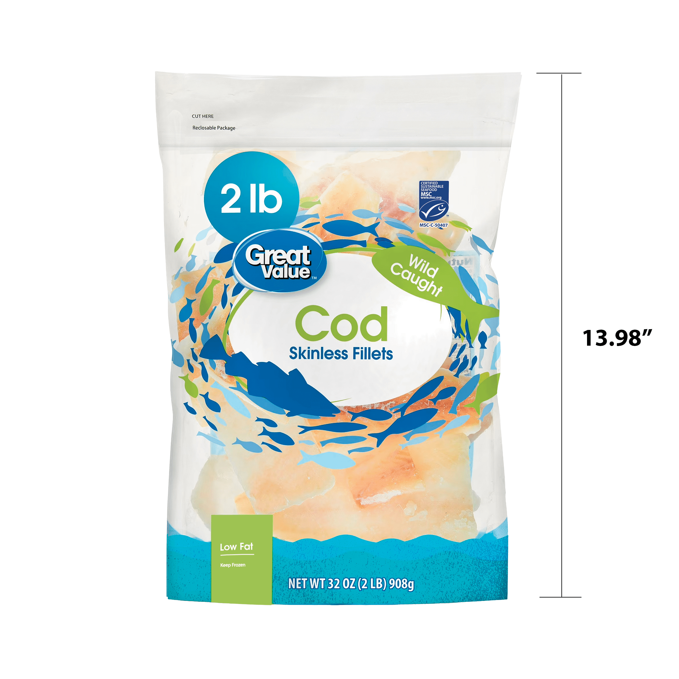 Great Value Wild Caught Skinless Cod Fillets, 2 lb, Bag (Frozen Fish)