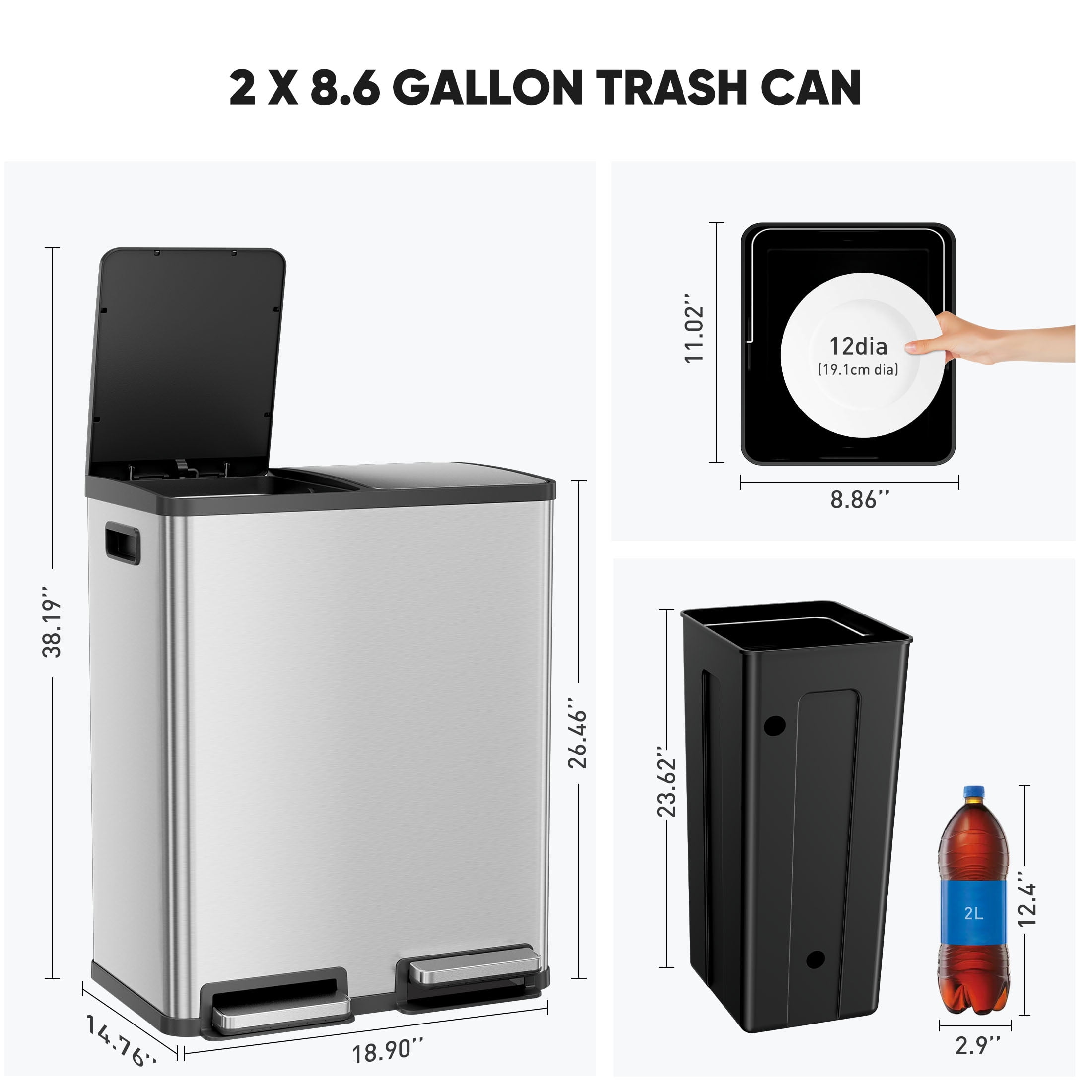 JIOABL Trash Can, 2 x 8.3 Gallon Double Deck Trash Recycling Bin, Kitchen Bin, Silver