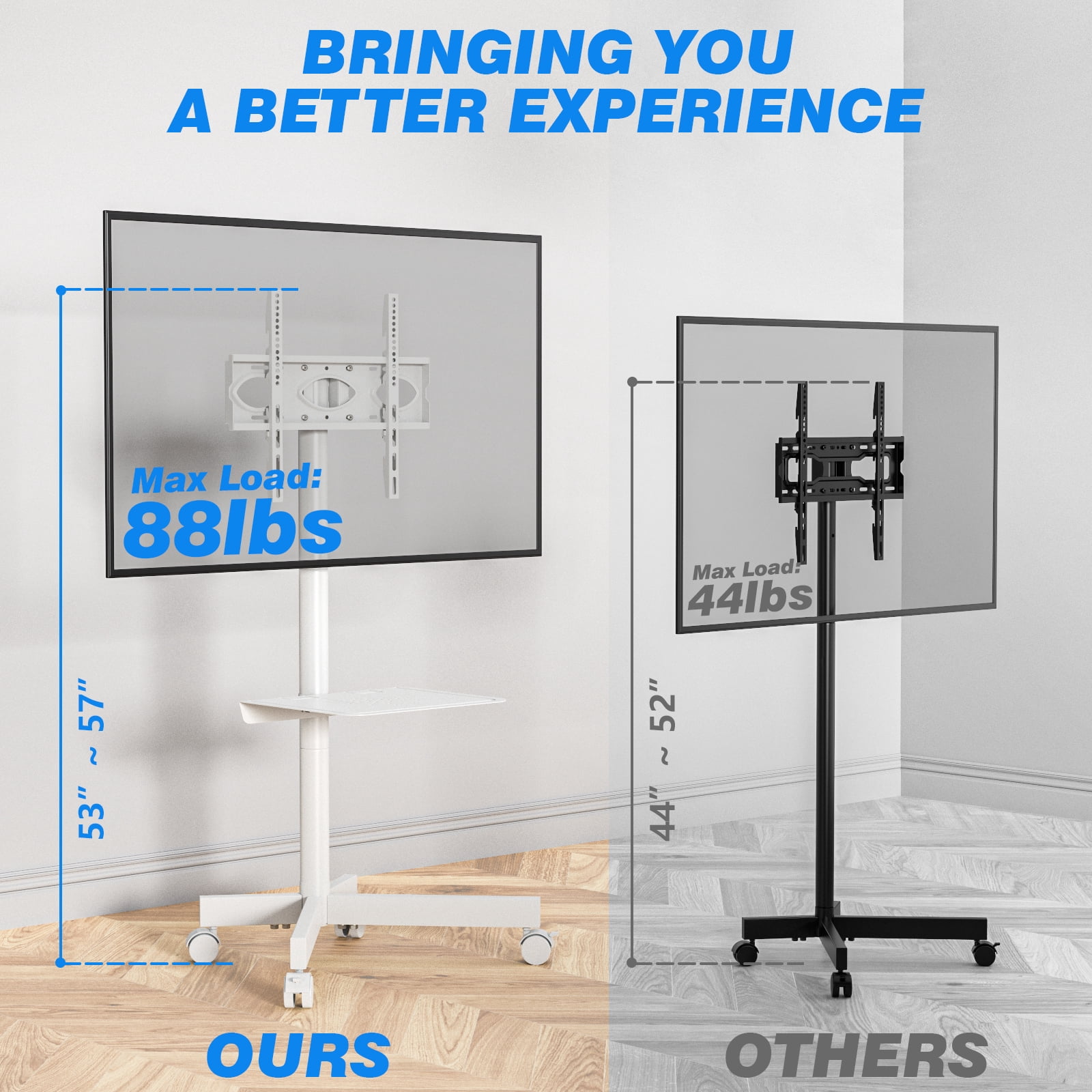 TAVR Furniture Modern Rolling TV Stand, Mobile TV Cart with Shelf for 23 to 60 inch Flat TVs, White