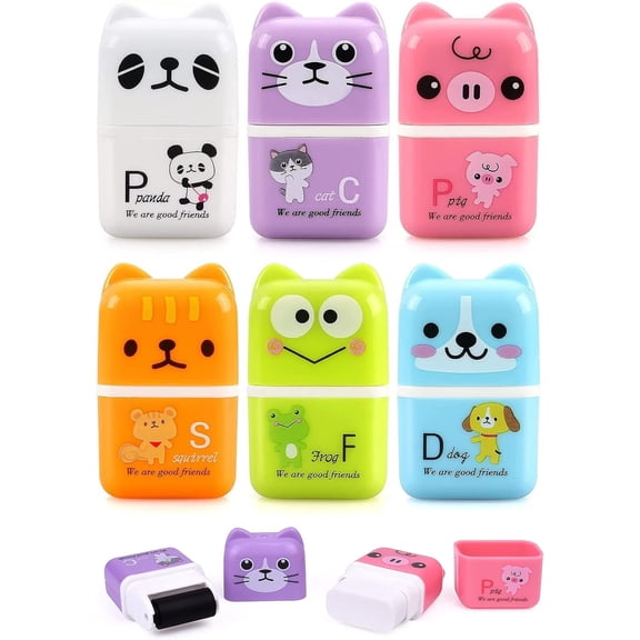 SAYEEC 6-Pack Cute Animal Themed Pencil Erasers with Cover & Shaving Roller for Office, Gift, Work & Artists