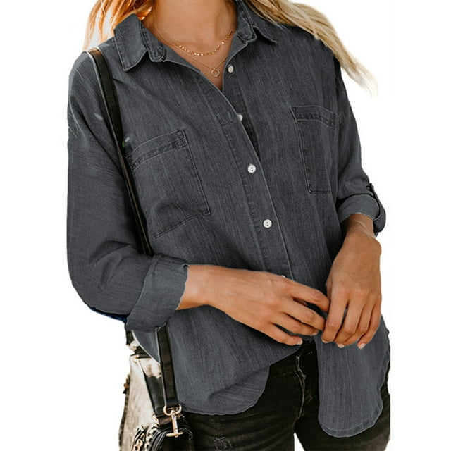 MAWCLOS Ladies Loose Curved Hem Denim Shirts Office With Pockets Tops Black XL