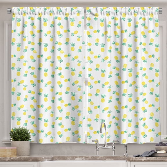 Ambesonne Hawaii Kitchen Curtains, Exotic Fruits Pattern, 55"x39", Yellow and Sea Green