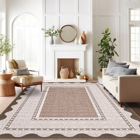 Nasitip Modern Geometric Waves-Stripe Border Red-Brown 5'x7' Area Rugs for Living Room Soft Low Pile Non-Sliping, Machine Washable