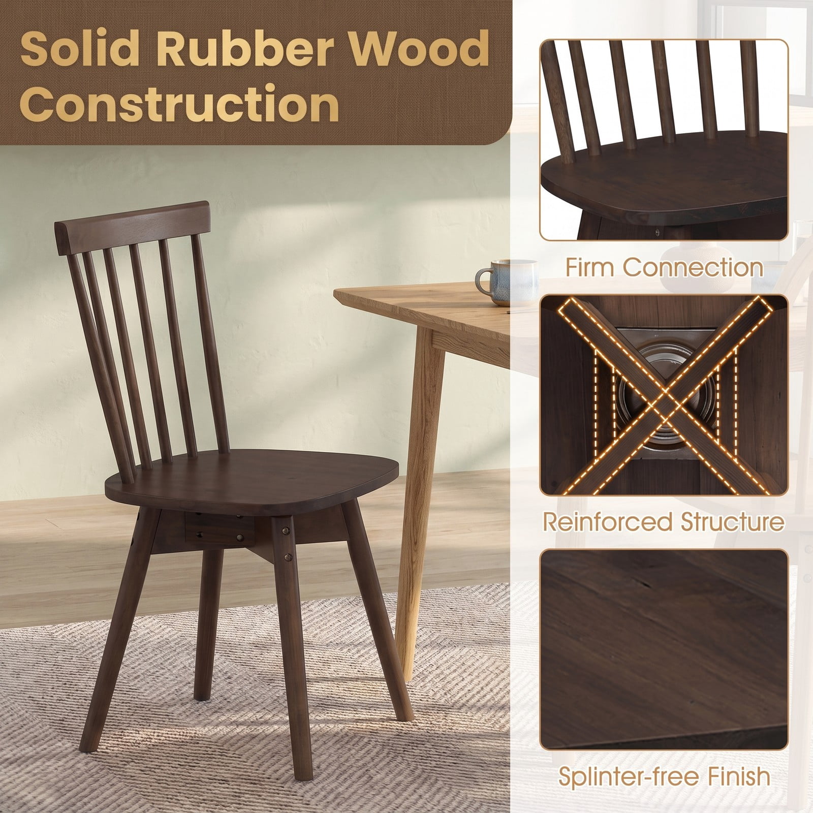 Furnibear Windsor Dining Chairs Set of 2 Mid Century Modern Rubber Wood Kitchen Chairs with 360 Degree Swivel Seat and Spindle Back, Armless Solid Wood Side, Walnut