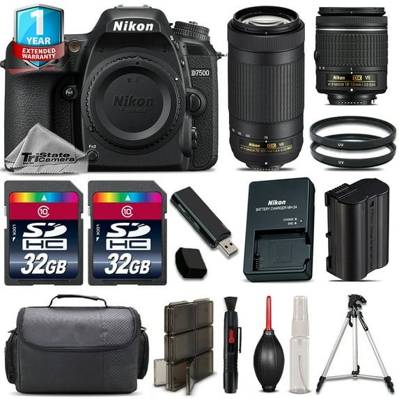Nikon D7500 Camera + 18-55mm + 70-300mm VR + 64GB Kit + Tripod + 1yr Warranty (International Version)