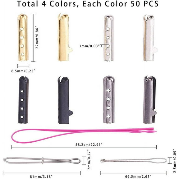 Shoelace Making Sets 200pcs 4 Color Shoelace Tip 4 Hole Metal Aglets End with with 8 Strand 50inch Polyester Cord 3 Pack Shoelaces DIY Tools