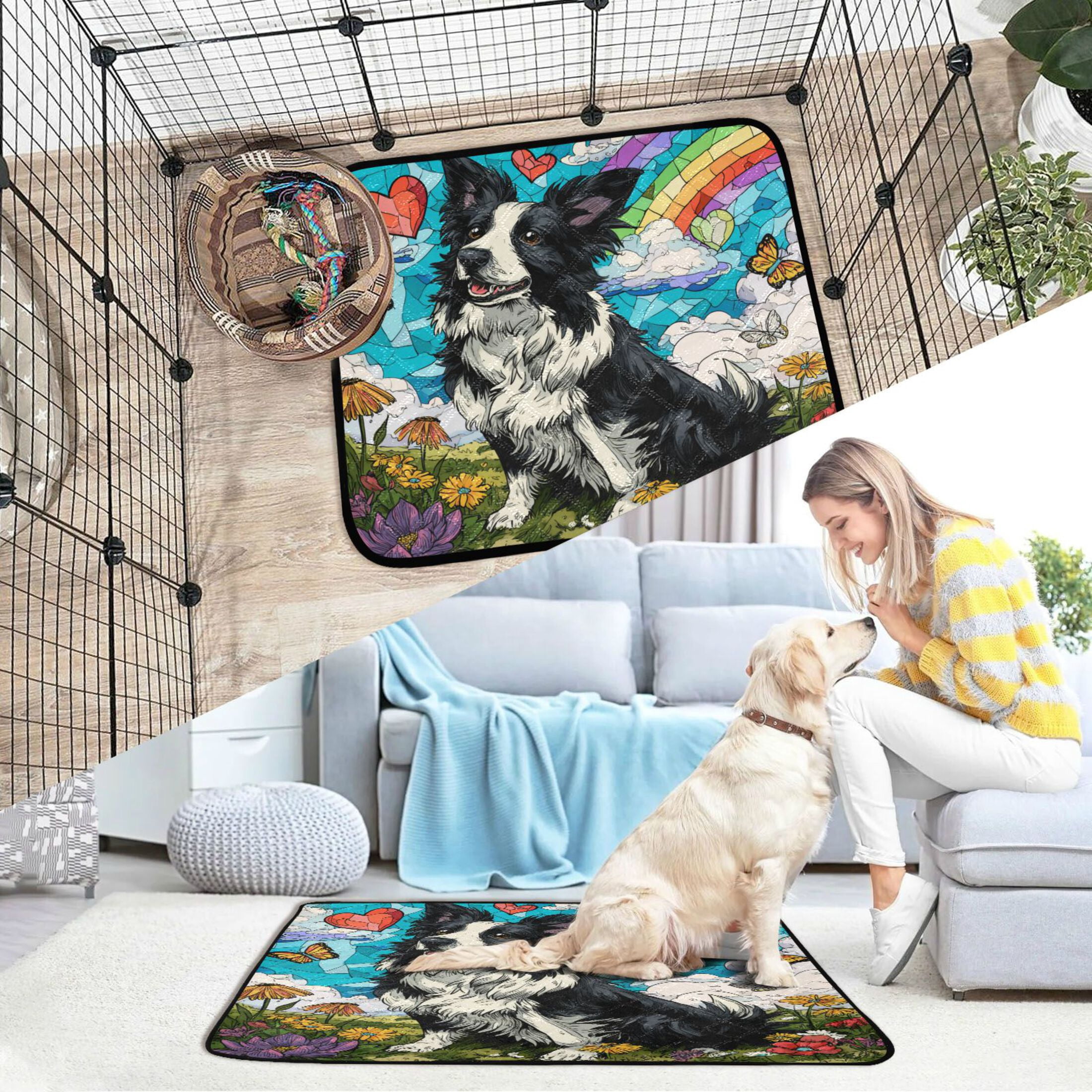 Qxltty Smiling Border Collie Cat litter Pads Pet Set of 2 Diaper Mats Center Anti-leakage Layer Absorbent Soft and Comfortable