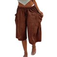 thumbnail image 2 of Women's Loose Fit Wide Leg Pants Summer Cotton Linen Casual Five Quarter Pants Elastic Waist with Drawstring Trouses by Yigetop Brown L, 2 of 5