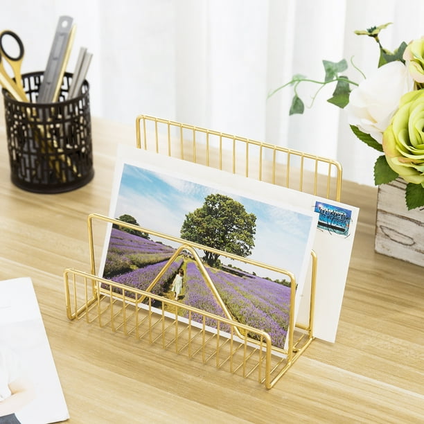 MyGift 3Slot Modern Brass Metal Wire Desktop Letter Organizer Rack