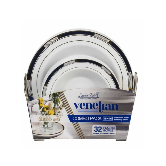 Venetian Collection Combo Pack - White w/Blue & Gold Border Plastic Dinner and Salad Plates, 32 count
