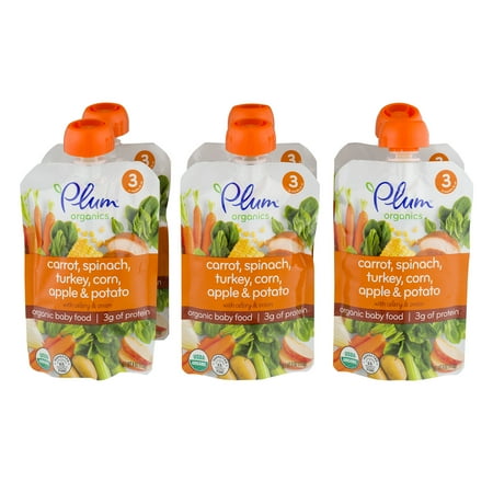 (6 Pack) Plum Organics Stage 3 Carrot, Spinach, Turkey, Corn, Apple & Potato Organic Baby Food 4 oz. Pouch