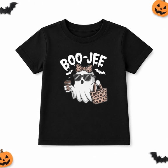 MAWOTEA Kids Halloween Boo‑Jee Ghost T‑Shirt, Cute Leopard Bow Ghost Graphic Short Sleeve Cotton Tee for Boys Girls 3‑13 Years Old