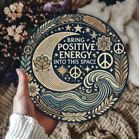Vintage "Please Be Careful What Energy You Bring In This Space" Round Metal Sign - 7.8 Inch Reusable Iron Wall Art for Home, Bar, Cafe, Office Decor