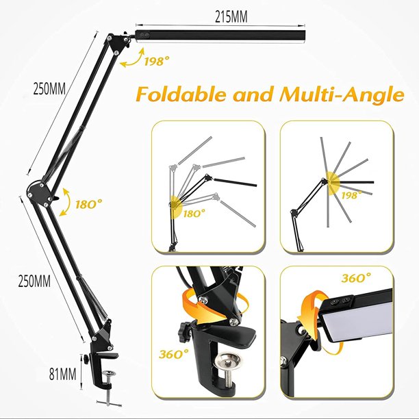 Lámpara LED de escritorio con abrazadera, luz de lectura regulable para el cuidado de los ojos, 3 modos de Color, lámpara de brazo oscilante, lámpara de mesa con Clip USB, lámpara de día