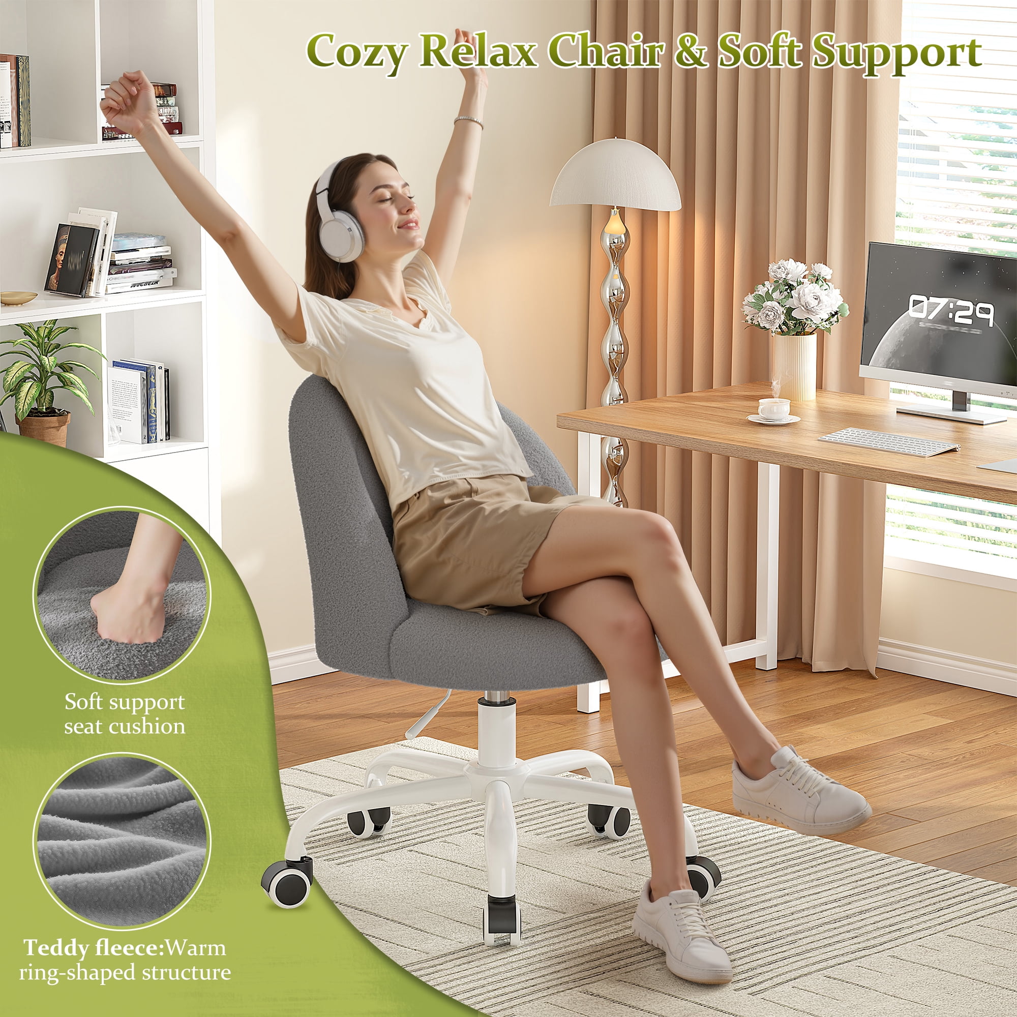 Romorgniz Vanity Chair Height Adjustable Desk Chair with Wheels, Armless Office Chair with Soft Lumbar Support for Small Space, Bedroom, Home office, Grey