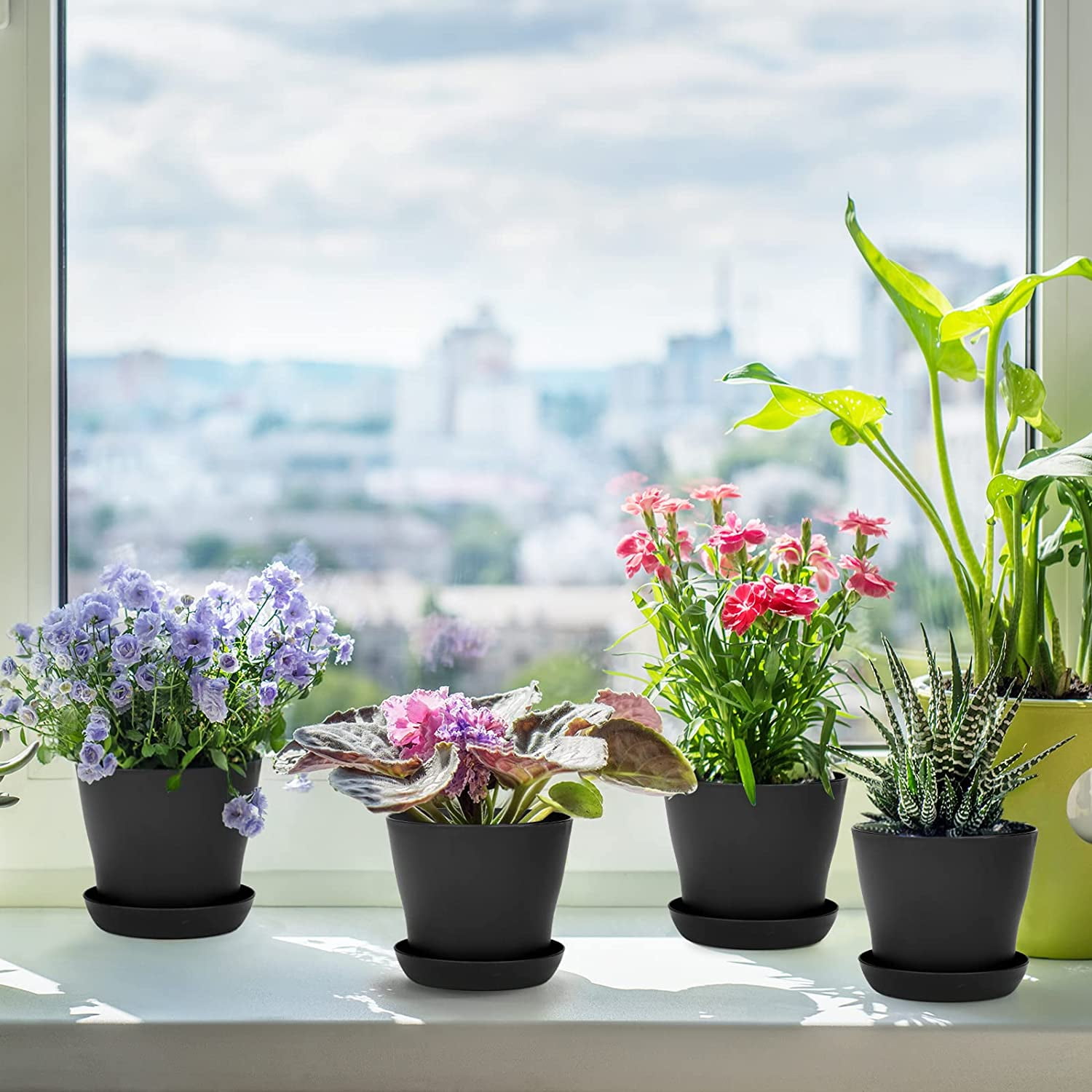 4 Inch Plastic Flower Pots Plastic Mini Nursery Pots Small Thick Plastic Plant Pots Nursery Seedling Planter Garden,8Pack Flower Pot Container with Pallet/Trays for Flower, Succulent, Cactus ,Black