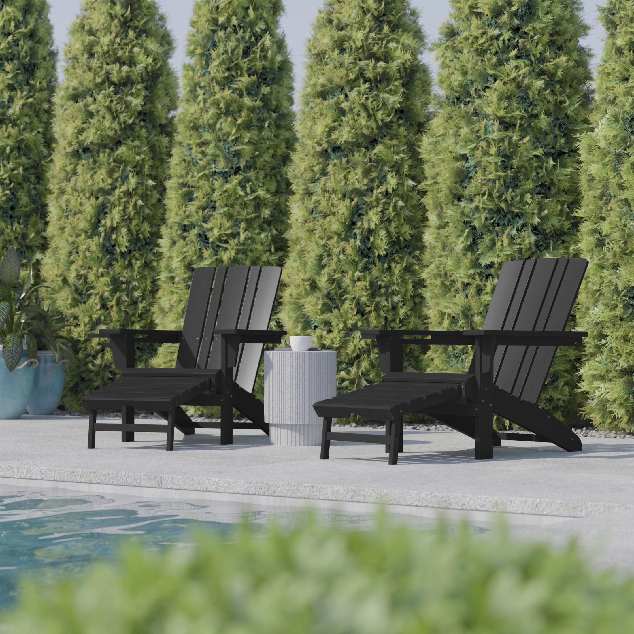Flash Furniture Halifax HDPE Adirondack Chair with Cup Holder and Pull Out Ottoman, All-Weather HDPE Indoor/Outdoor Lounge Chair in Black, Set of 2