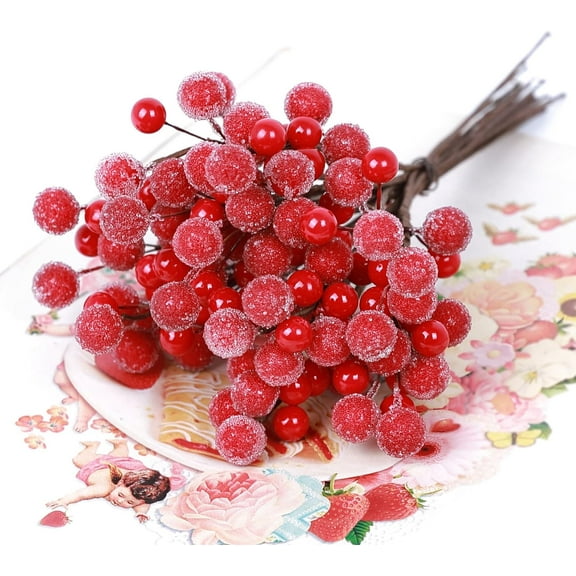 Frosted Red Berry Stems, 20 Pack 7.5“ Artificial Snowy Red Berry Picks Red Holly Berries for Christmas Tree Decor, DIY Wreaths, Crafts, Candle Rings, Garland, Gift Wrapping
