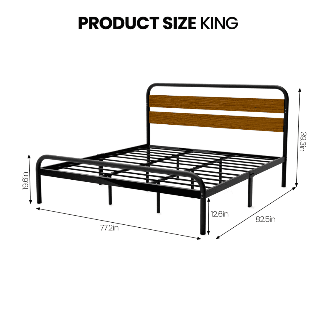 King Size Platform Bed Frame with Wood Headboard, Heavy Duty Bed Mattress Foundation with Storage, No Box Spring Needed, Easy Assembly, Brown