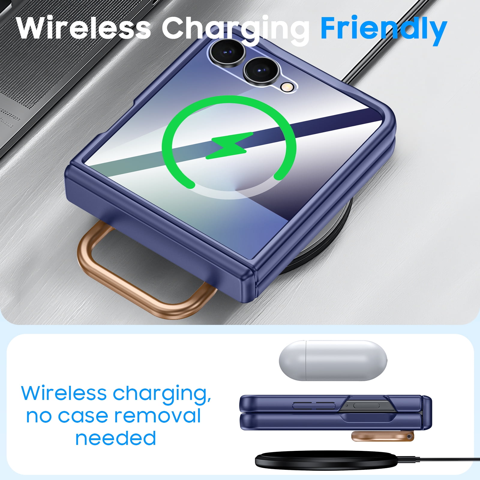 Vizvera for Samsung Galaxy Z Flip 7 Case with Ring Holder & Screen Protector & Hinge Protection,Wireless Charging,Skin Feel Matte PC,Shockproof Phone Case-Blue