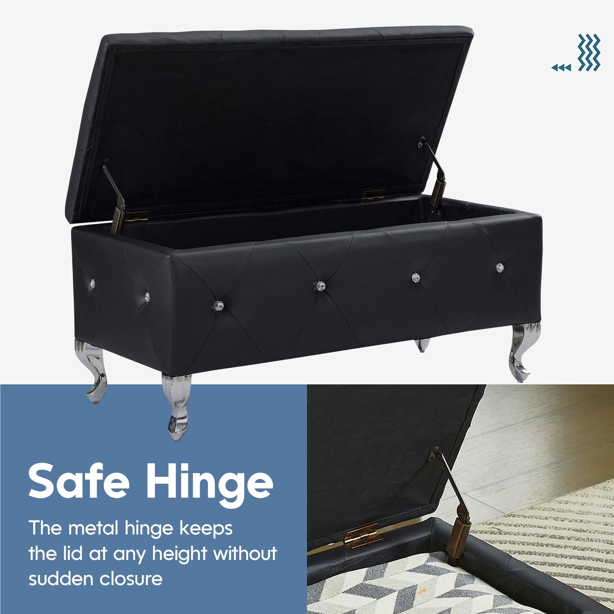 Aukfa Storage Ottoman Bench with Crystal Buttons for Bedroom,Black