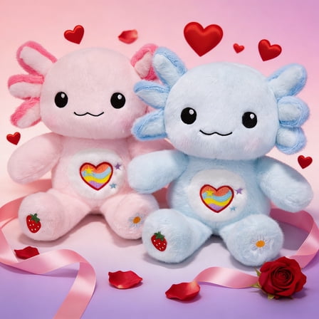 2pcsCute Axolotl Plush Stuffed Animals, Pink & Blue, Heart Belly Design, Soft Plush Valentine Gift for Kids & Adults