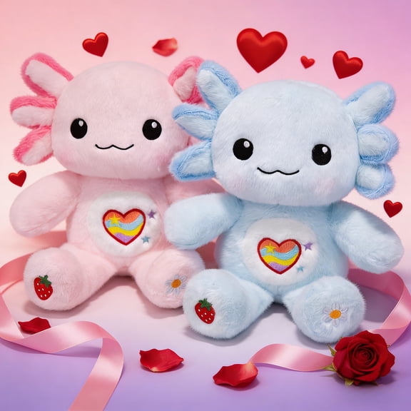 2pcsCute Axolotl Plush Stuffed Animals, Pink & Blue, Heart Belly Design, Soft Plush Valentine Gift for Kids & Adults