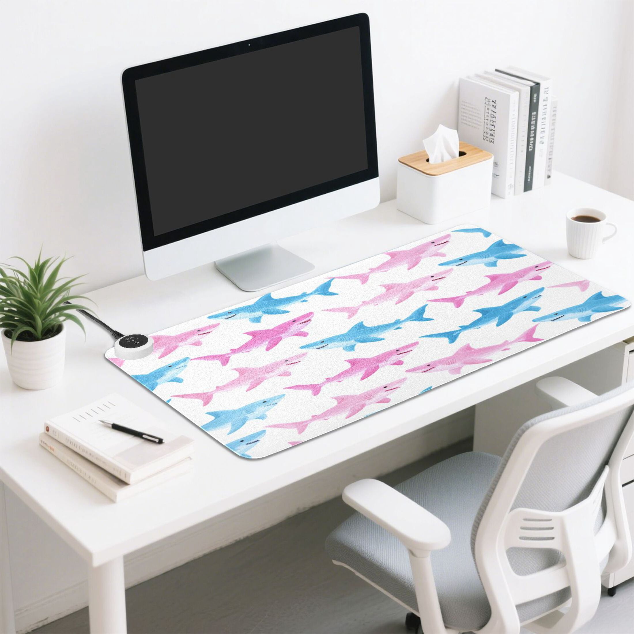 Large Heated Desk Mat Mouse Pad 31.5"x13"PU Leather Graphene Heating Desk Warmer with 3 Temperature Settings 110V US Plug Non-Slip Warm Pad for Home, Office, and Gaming Shark Ocean Wall Art