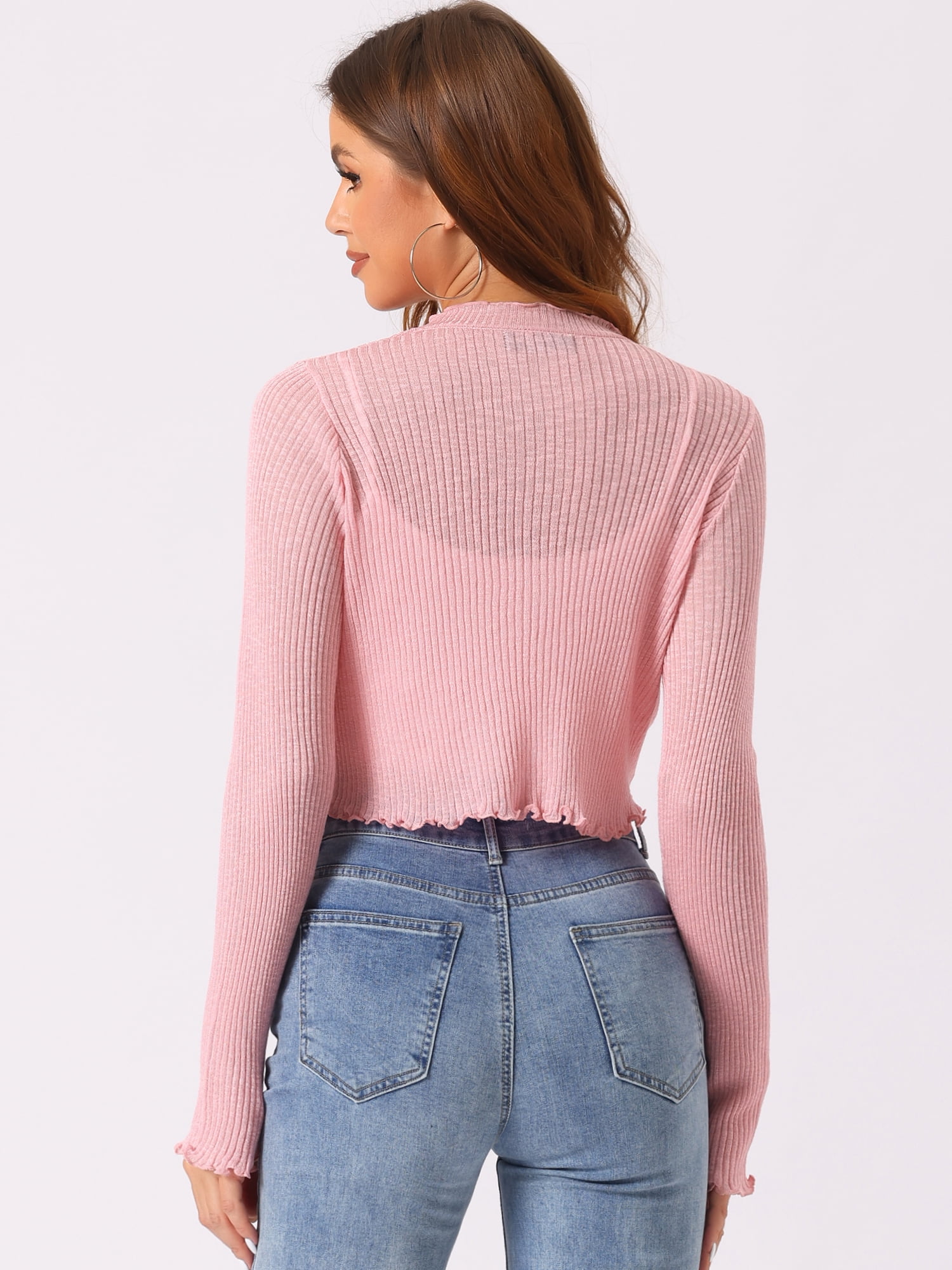 DARING DIVA Women's Ruffle Trim Long Sleeve Shrug Knit Open Front Cardigan S Pink