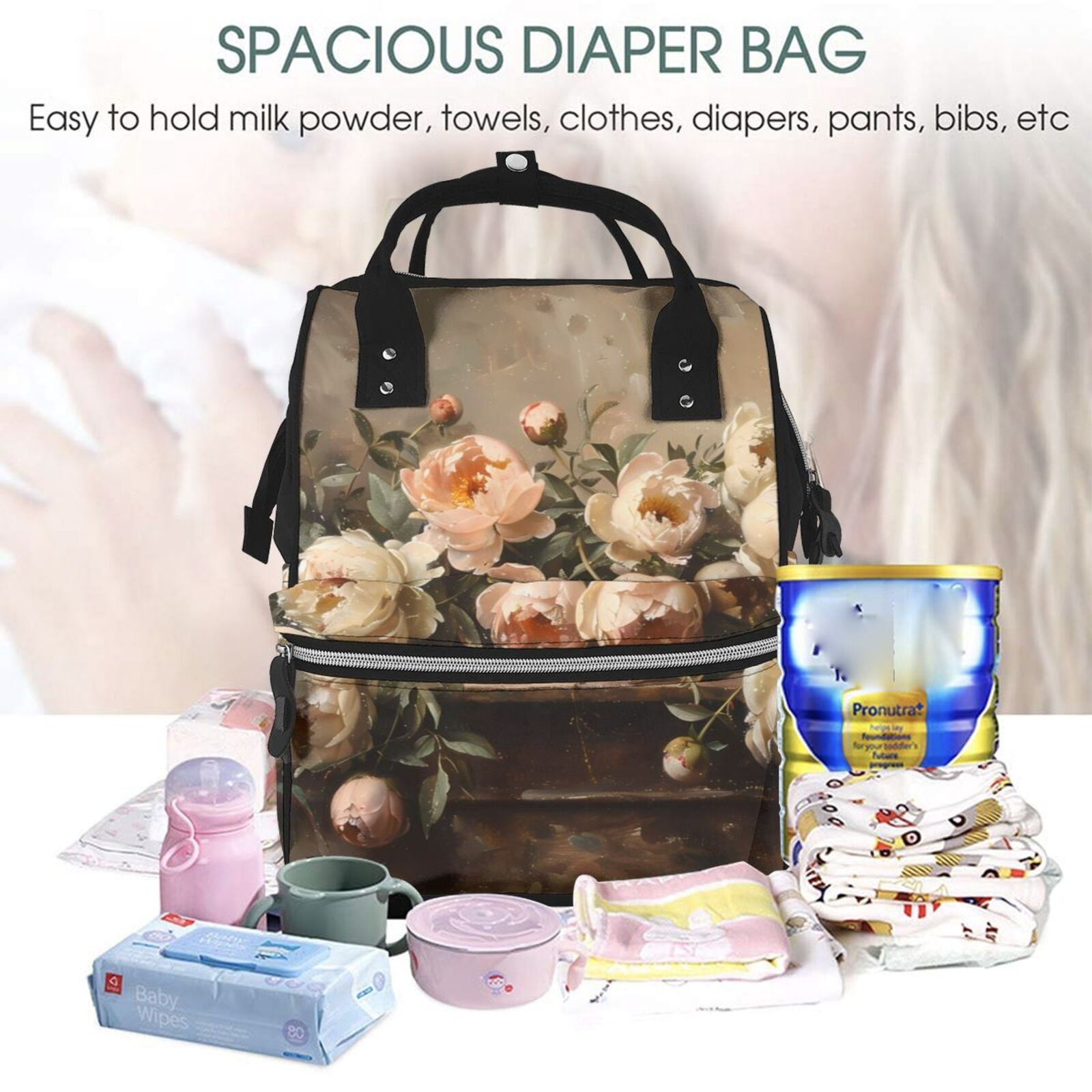 Fuzoiu Vintage Peonies Rustic Charm Print Diaper Bag Backpack,Baby Essentials Travel Tote,Multi function Waterproof Diaper Bag, Travel Essentials Baby Bag - Unisex