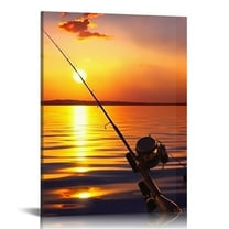 EastSmooth Sunset Fishing Painting Artwork Peaceful Lake Scenery Canvas Print Fishing Rod Picture Painting for Office Home Living Room Bathroom Wall Decor