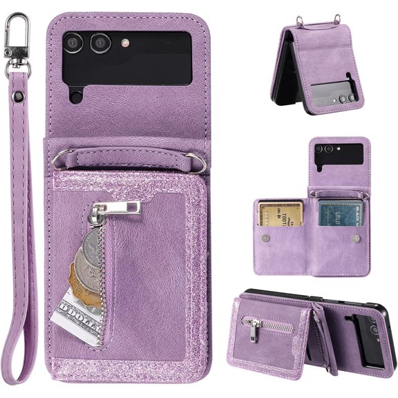 ZUKKASHAN Wallet Phone Case for Samsung Galaxy Z Flip 4, Retro Matte 4 Card Holder Slots 1 Zipper Pocket Premium PU Leather Cover Magnetic Closure with Wrist Strap Folio Flip Case