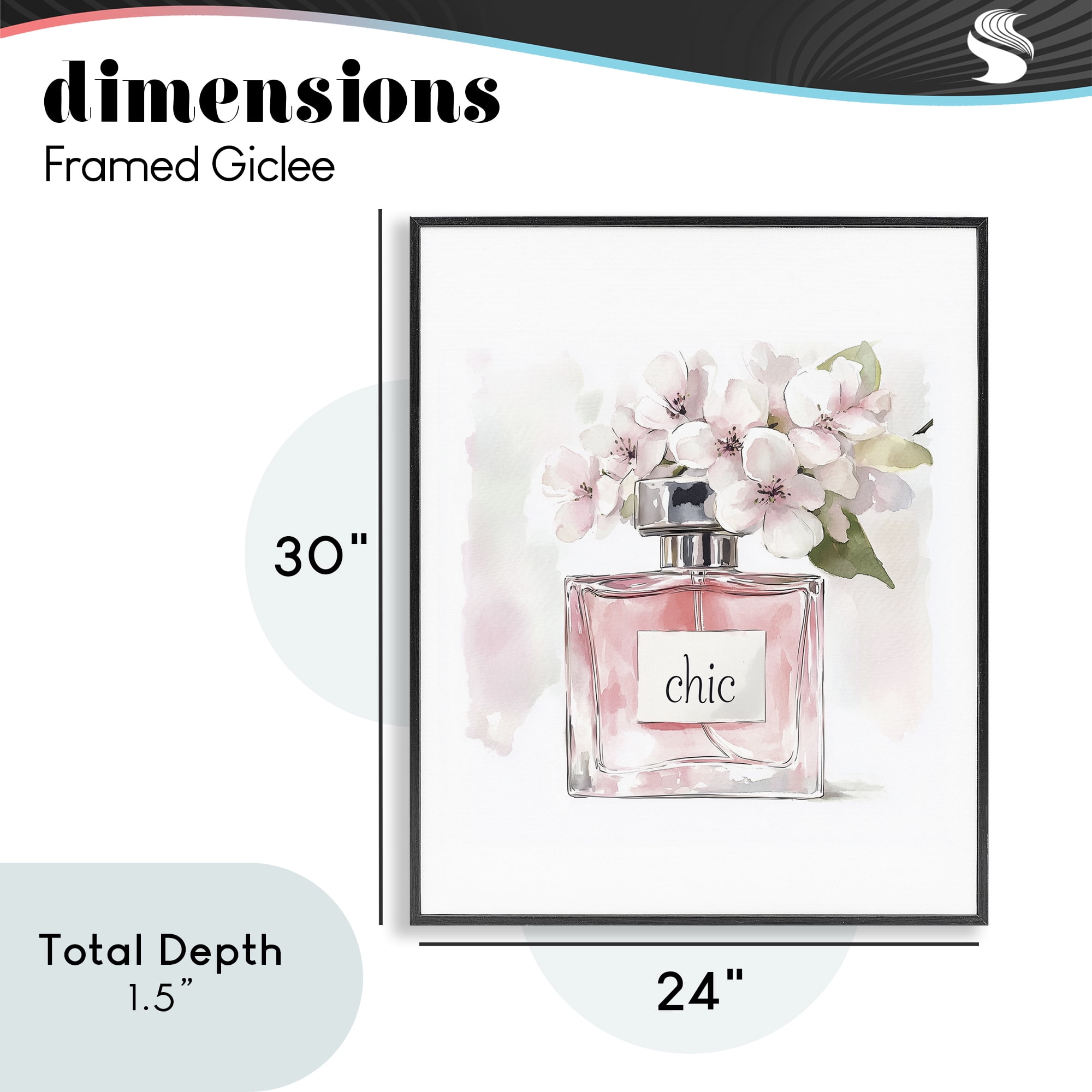 Cherry Blossom Chic Perfume Black Framed Giclee Art, design by Christine Simpson Art