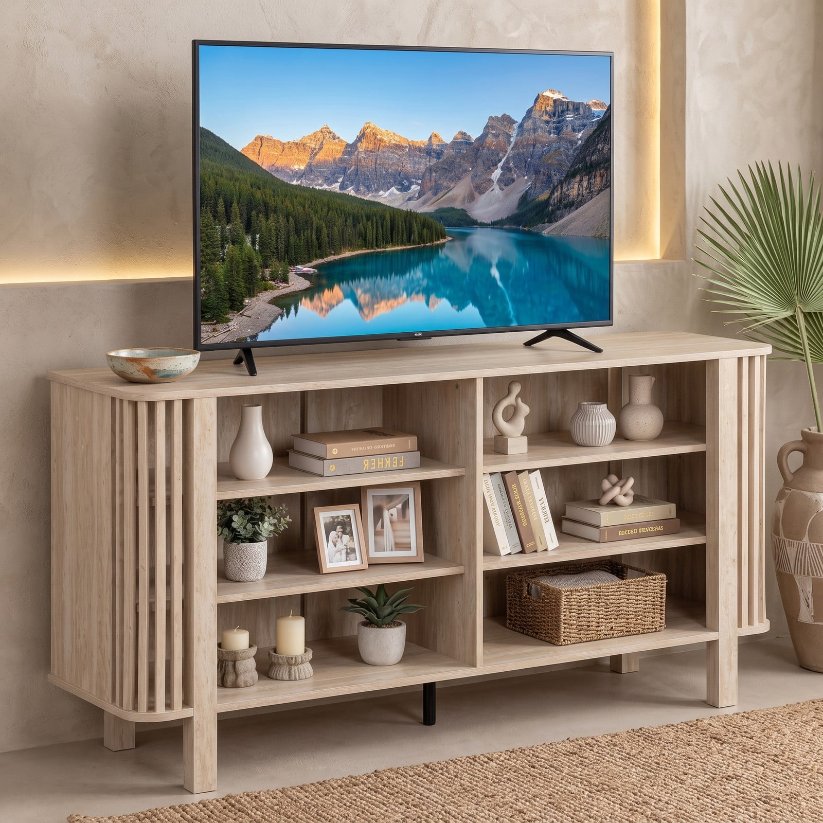 Furnibear 59 Inch TV Stand for TVs Up to 55 Inches, Wood Entertainment Center Media Console Table with 3 Adjustable Shelves and Slatted Sides for Living Room, Natural