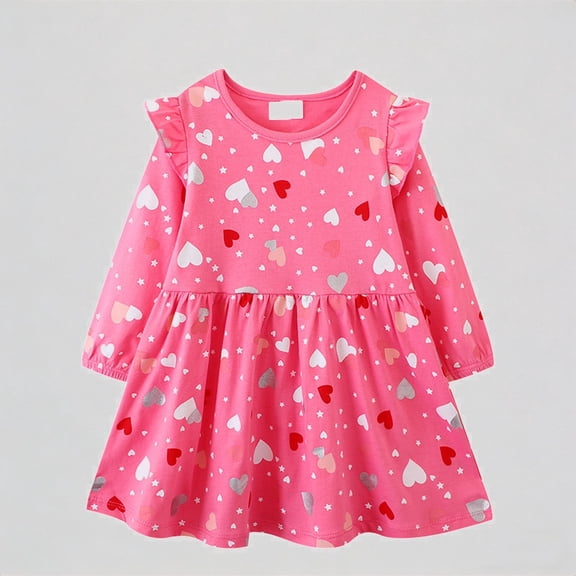 REDARER Girls' Long Sleeve Heart & Star Print Dress, Flutter Ruffle Cotton Casual Dress, Holiday Party T-Shirt Dress for Kids,3-4 Years