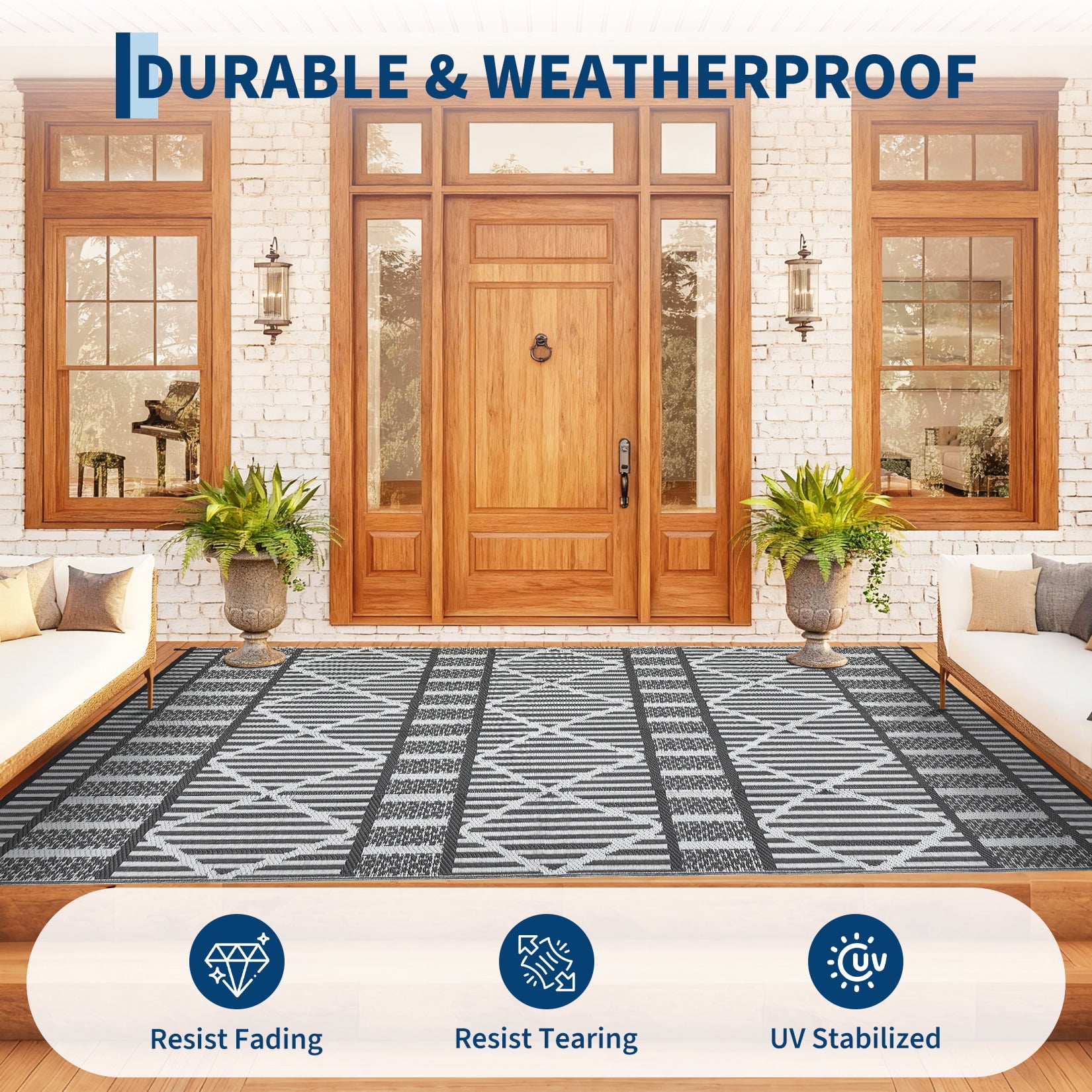 HIWEAVER 9' x 12' Gray/White Outdoor Rug PP Plastic Straw Woven Waterproof Patio Rug with Border Portable Outside Carpet for Balcony Deck Picnic Garden Decor