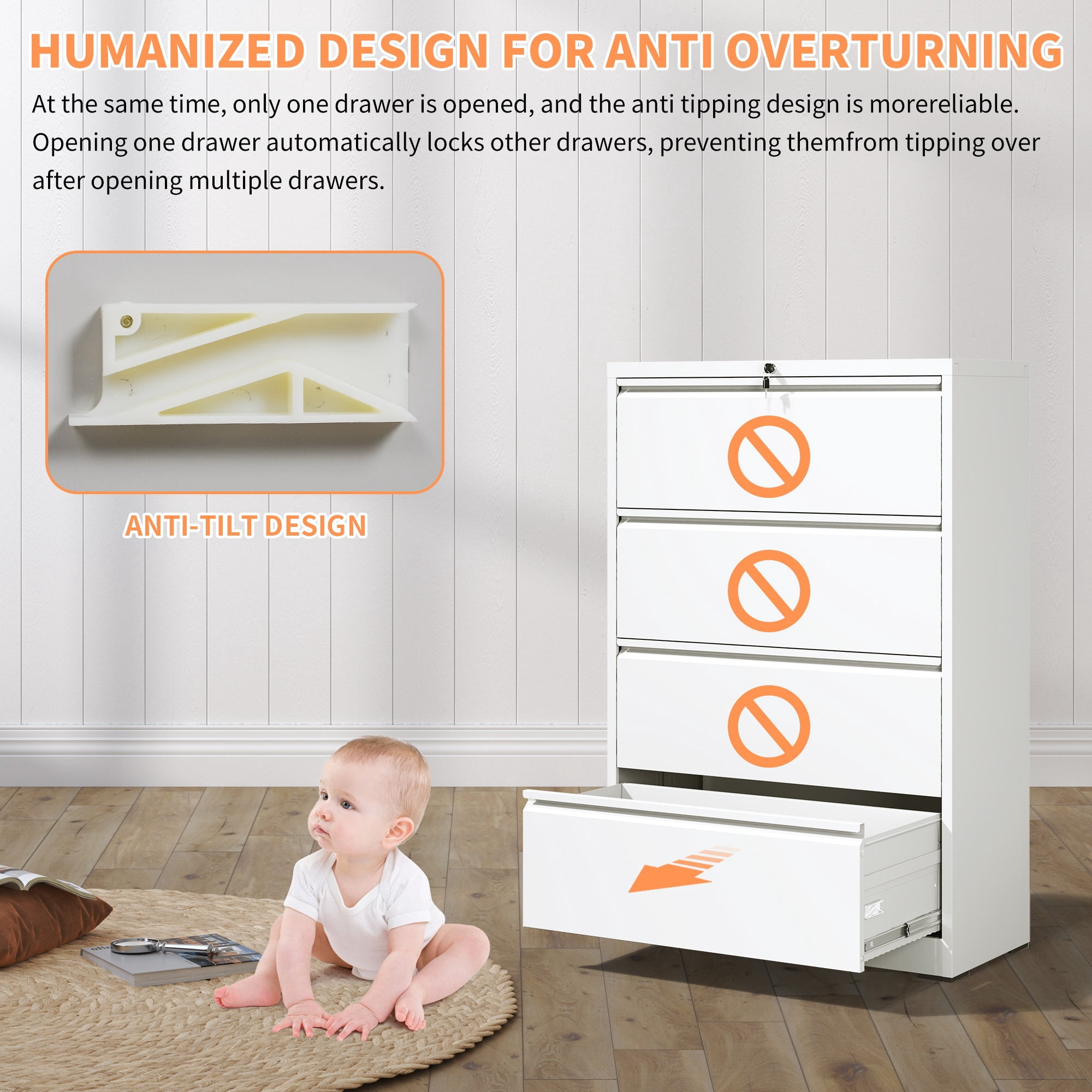 Lateral File Cabinet 4 Drawer, White Filing Cabinet with Lock, Lockable File Cabinet for Home Office, Locking Metal File Cabinet for Legal/Letter/A4/F4 Size