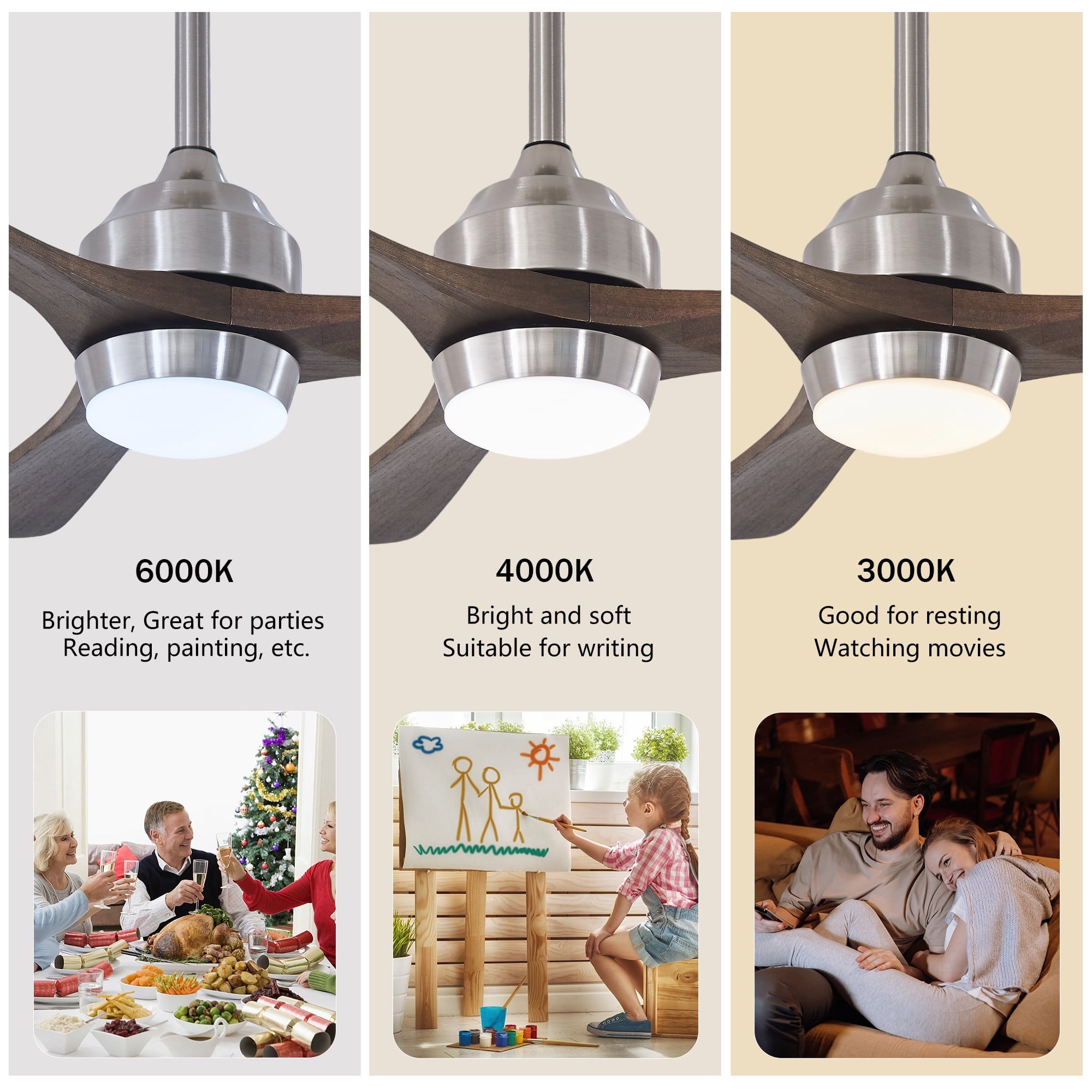 Leumius 42" Solid Wood Blades Ceiling Fan with Light and Remote Control,Quiet DC Motor 3 Blade Ceiling Fans 6 Speed Levels,Reversible for Patio Living Room Bedroom Office Black Nickel