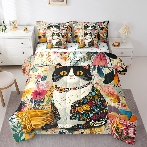 Erosebridal Cartoon Cat Bedding Sets Twin Size,Kawaii Animal Comforter Sets with Sheets,Floral Flower Bed in a Bag Twin size,Lightweight Teen Bedroom Decor,Reversible,7pcs
