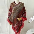 thumbnail image 4 of Prolriy Poncho Sweater Women Nationl Print Colourful Splice Poncho with Tassels Knitted Shawl Scarf Fringed Wraps Pashminas Sweater Cape Sweater Tassel Hem Shawl Wrap Cloak Sweaters for Women Red, 4 of 4